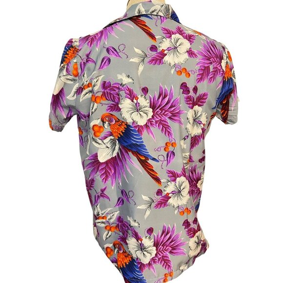 King Kameha Vintage Purple Floral & Parrot Print Short Sleeve Medium - Picture 3 of 7